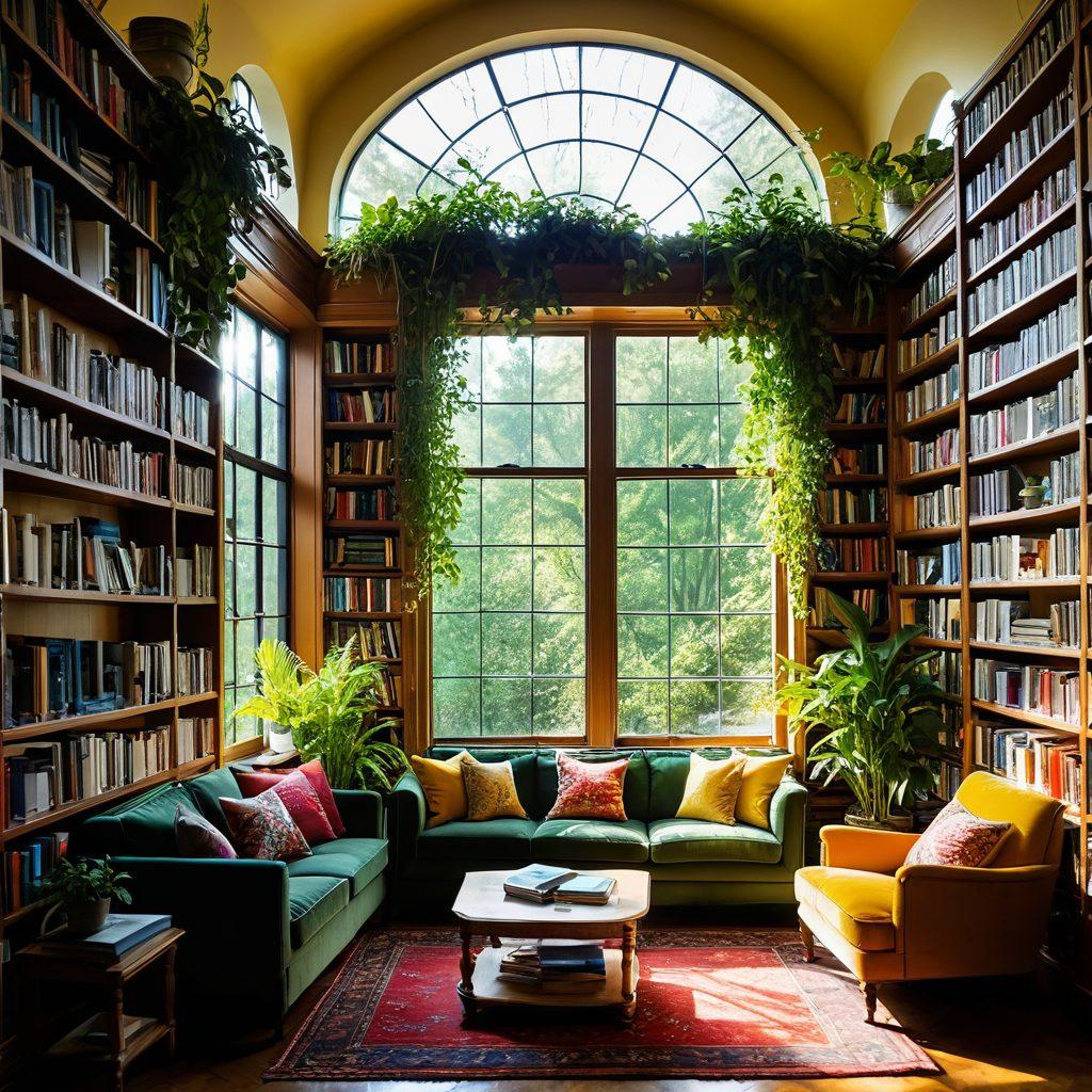 A whimsical library filled with colorful bookshelves overflowing with vibrant books. Sunlight streaming through large windows, casting warm, golden rays on cushioned reading nooks adorned with cheerful cushions and plants. A floating open book surrounded by fluttering pages with smiling characters emerging from them. Joyful readers of diverse backgrounds are immersed in their books, sharing laughter and insights. Bright and inviting atmosphere. vibrant colors. painting.