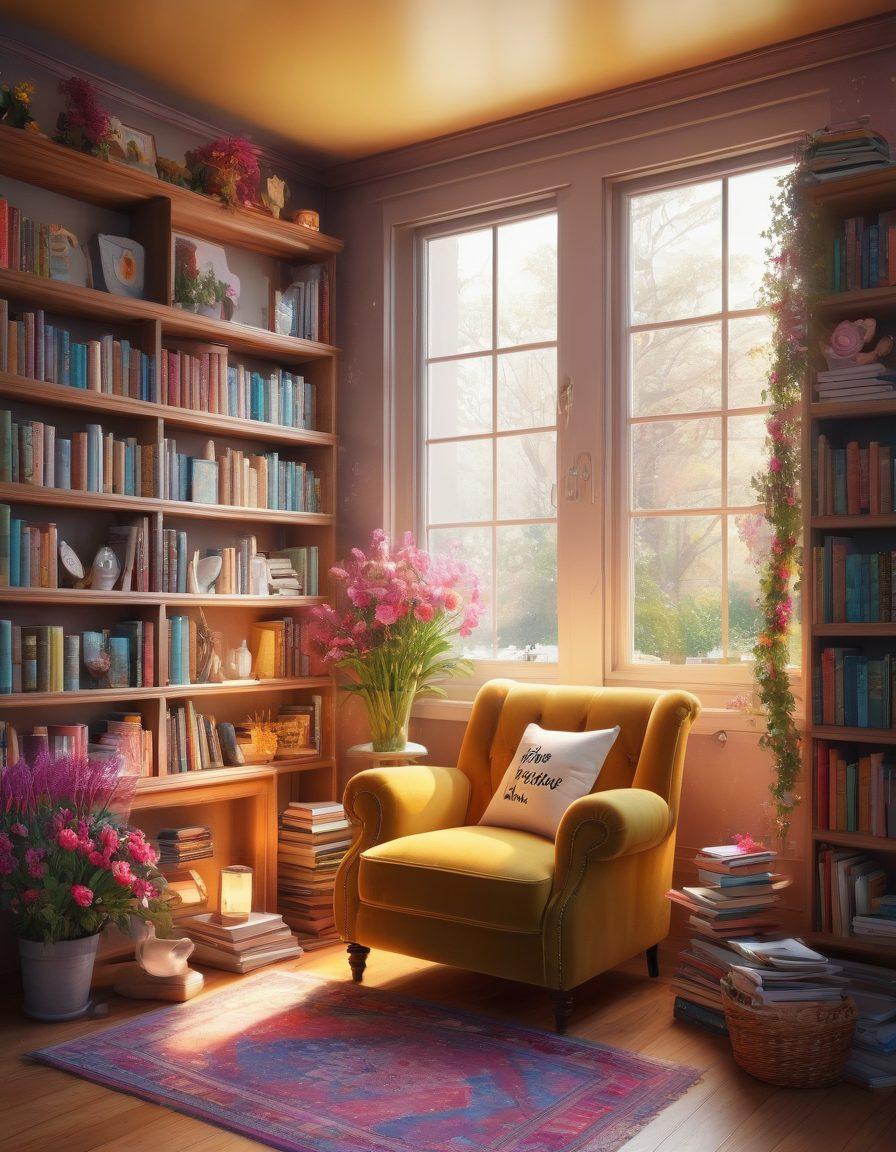 A whimsical, colorful library filled with smiling books and cheerful characters, each book radiating warm light. A cozy reading nook with a comfy chair and a steaming mug beside it, surrounded by blooming flowers and sunshine streaming through the window, inviting a sense of happiness and joy in reading. Creative elements like floating letters and playful illustrations hover around the scene. vibrant colors. 3D.