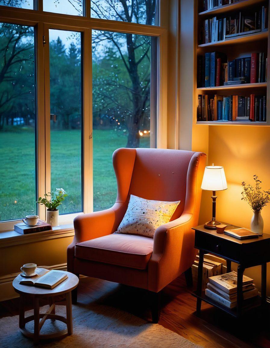 A cozy reading nook filled with a blend of fictional and non-fictional books, with a warm cup of tea beside them. A soft, inviting armchair positioned near a window that showcases a rainy day outside. A small shelf displays whimsical book covers alongside informative titles, creating a pleasant juxtaposition. Warm lighting envelops the scene, inviting readers to indulge in delightful stories. soft focus. warm color palette. painting.